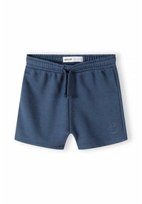 Pantaloni corti in cotone blu navy con vita elastica, cordoncino regolabile e un piccolo logo con faccina sorridente sulla parte anteriore sinistra in basso.