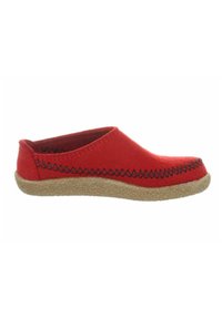 Roter Filz-Schlüpfschuh mit gestickten schwarzen Akzenten und einer strukturierten beige-sohle. Flaches Design mit abgerundeter Zehe und elastischem Obermaterial.