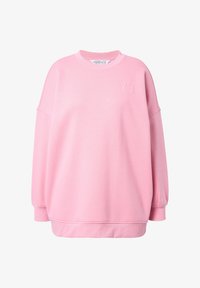 Sudadera rosa con un corte holgado, cuello redondo y hombros caídos. Presenta un pequeño detalle de logotipo bordado. Hecha de suave material de algodón.