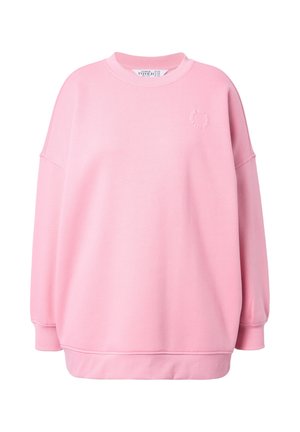 Sudadera rosa con un corte holgado, cuello redondo y hombros caídos. Presenta un pequeño detalle de logotipo bordado. Hecha de suave material de algodón.