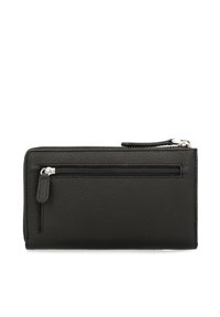 Black leather wallet with a textured surface, featuring a zippered compartment on the front and a smooth design. Silver hardware accents.