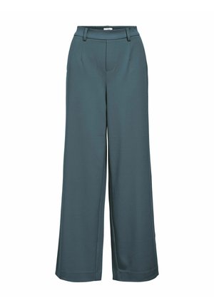 Pantalon taille haute à jambes larges en teal doux avec passants de ceinture, coutures avant et une ceinture arrière élastiquée.