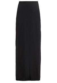Zwarte maxi rok met een gladde textuur, elastische tailleband en een rechte silhouet, ontworpen voor een klassieke en veelzijdige uitstraling.