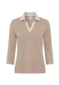 Gestreiftes Poloshirt in Beige und Braun. Verfügt über einen V-Ausschnitt, 3/4-Ärmel und einen kontrastierenden Kragen. Hergestellt aus strukturiertem, leichtem Stoff.