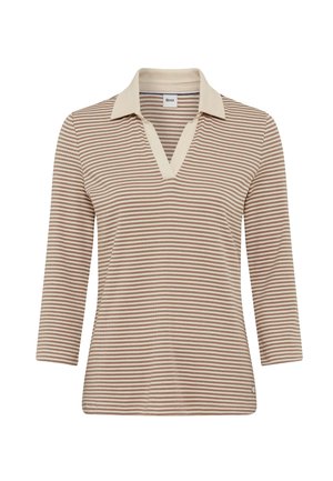 Striped polo shirt in beige and brown. Features a v-neck, 3/4 sleeves, and a contrasting collar. Made of textured, lightweight fabric.