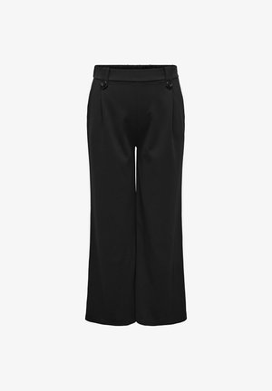 Pantaloni negri cu croială largă, confecționați dintr-un material neted, cu talie înaltă, două pliseuri frontale și detalii cu nasturi pe talie.