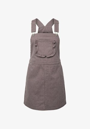 Vestido tipo pichi con rayas verticales marrones y blancas, bolsillo delantero con volantes y tirantes ajustables con hebillas metálicas.