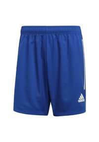 Modré sportovní šortky s elastickým pasem, s bílými bočními pruhy a logem Adidas v dolním pravém rohu. Hladký povrch.