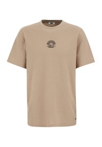 Beige pamut póló rövid ujjakkal, a mellkason fekete "A természet galériája" logóval, kör alakú dizájnban.