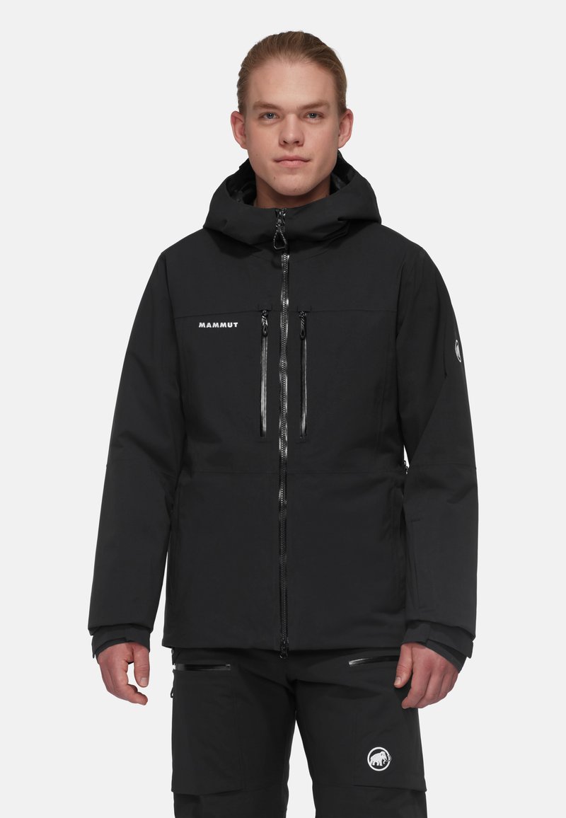 Black waterproof jacket with a hood, two zippered front pockets and logo detail. Features a clean, minimalist design and textured fabric.