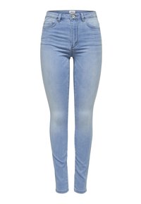 Jeans skinny de color azul claro con una cintura alta, hechos de mezclilla, con un cierre de botón en la parte frontal y un desgaste sutil en los muslos.