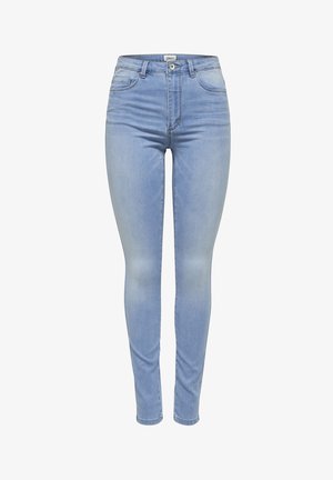 Lichtblauwe skinny jeans met een hoge taille, gemaakt van denim, met een voorknopsluiting en subtiele vervaging op de dijen.