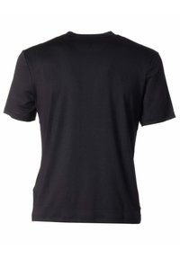 T-shirt nera a maniche corte realizzata in tessuto morbido, con collo a giro e un design semplice e liscio, senza fantasie o decorazioni.