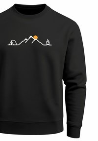 Black sweatshirt featuring a mountain scene graphic in white, with a yellow sun, a tent, and a campfire design. Smooth texture, crew neck.