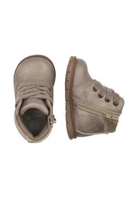 Stivaletti alla caviglia in tessuto marrone con lacci e cerniera laterale, punta arrotondata, suola in gomma, finitura testurizzata. Mostrate due viste.