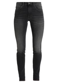 Jeans ajustados de mezclilla negra con un acabado desgastado, que presentan un diseño clásico de cinco bolsillos y cremallera. Tejido elástico para mayor comodidad.