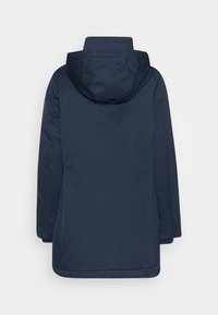 Manteau d'hiver bleu marine à capuche avec manches longues, vu de dos sur un fond blanc uni.