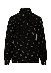 Maglietta nera a maniche lunghe con colletto, caratterizzata da un motivo di piccole forme a diamante chiare e polsini dettagliati con bottoni.