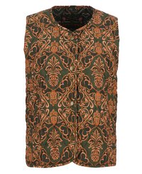 Gequiltste vest met een groene basis, voorzien van een ingewikkeld oranje bloemmotief. Knopsluiting aan de voorkant, ronde halslijn, mouwloos ontwerp.