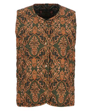 Gilet trapuntato con una base verde, caratterizzato da un intricato motivo floreale arancione. Chiusura con bottoni sul davanti, scollo rotondo, design senza maniche.