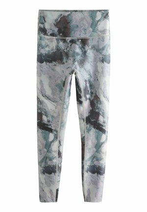 Leggings cu un model abstract multicolor, prezentând nuanțe de verde-petrol, gri și negru; material moale și elastic cu o talie înaltă.