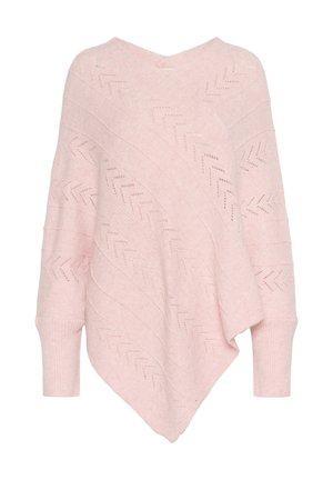 Light pink poncho sweater featuring a V-neck, diagonal ribbing, and openwork herringbone patterns. Long sleeves with ribbed cuffs.