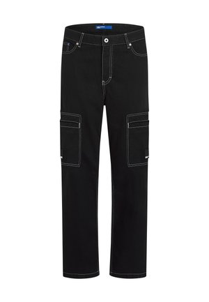 Černé cargo kalhoty s bílým prošíváním, které mají dvě přední kapsy a dvě postranní cargo kapsy. Vyrobeny z odolné tkaniny, s rovnými nohavicemi.