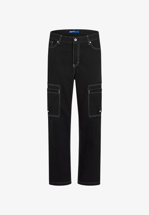 Czarne spodnie cargo z białymi szwami, z dwoma przednimi kieszeniami i dwoma kieszeniami cargo po bokach. Wykonane z trwałego materiału, o prostym kroju nogawek.