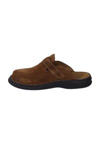 Brown suede slip-on shoe with a rounded toe, elastic strap, and black rubber sole. Smooth texture with light stitching accents.
