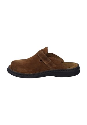 Brown suede slip-on shoe with a rounded toe, elastic strap, and black rubber sole. Smooth texture with light stitching accents.