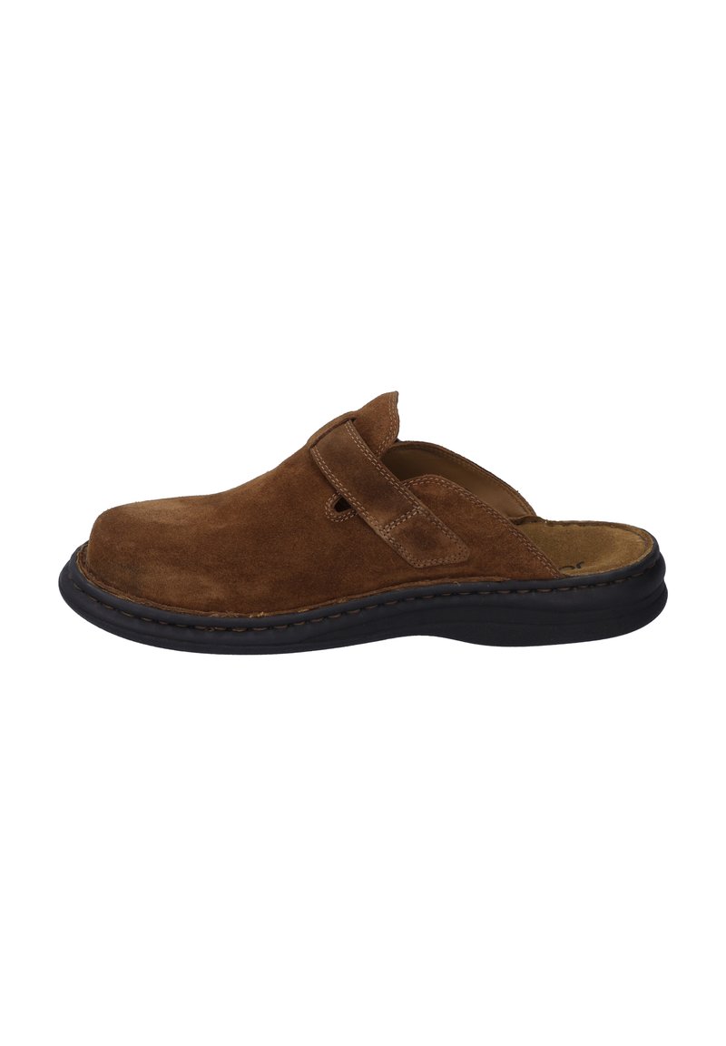 Brown suede slip-on shoe with a rounded toe, elastic strap, and black rubber sole. Smooth texture with light stitching accents.