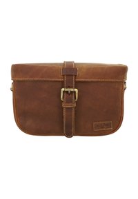 Brown leather bag with a flap, metal buckle closure, and contrasting stitching. Rectangular shape, smooth texture, branded patch on front.