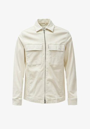 Off-white long-sleeve jacket with front zipper, two flap chest pockets, two side pockets, and a classic collar.