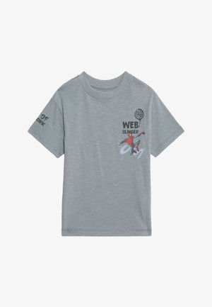 T-shirt in cotone grigio con scollatura rotonda, maniche corte e stampa grafica di un personaggio che dondola, etichettato "WEB SLINGER".