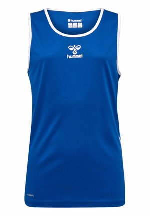 Blaues ärmelloses Sport-Tanktop aus glattem Stoff, mit weißem Saum, Logo auf der Brust und entspannter Passform.