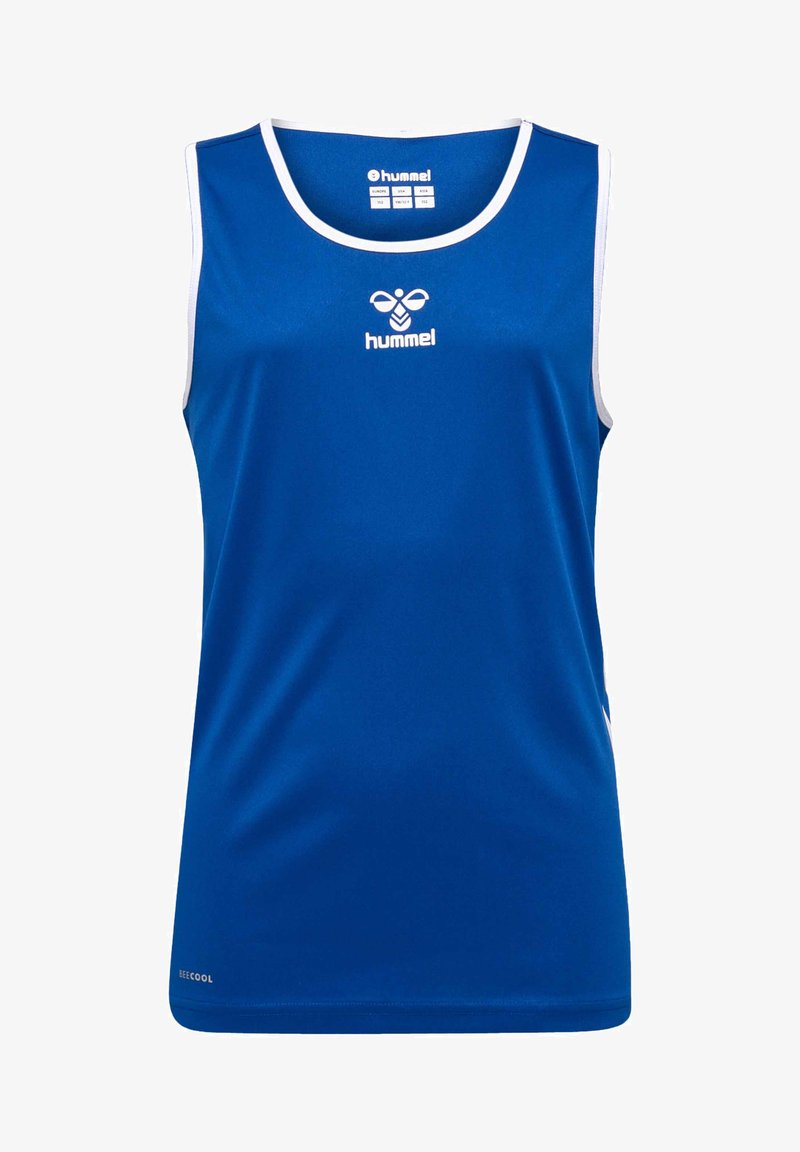 Niebieski bezrękawnik sportowy wykonany z gładkiego materiału, z białym wykończeniem, logo na piersi oraz luźnym krojem.