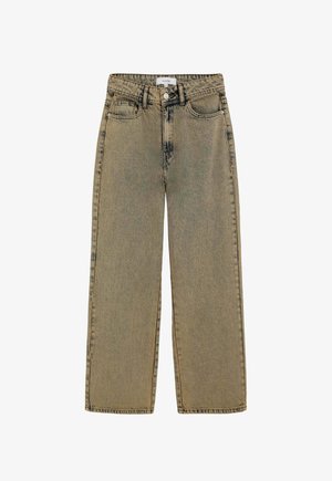 Vaqueros de pierna ancha beige hechos de denim con un lavado desgastado, cierre de botones y diseño de cinco bolsillos con detalles de costura visibles.