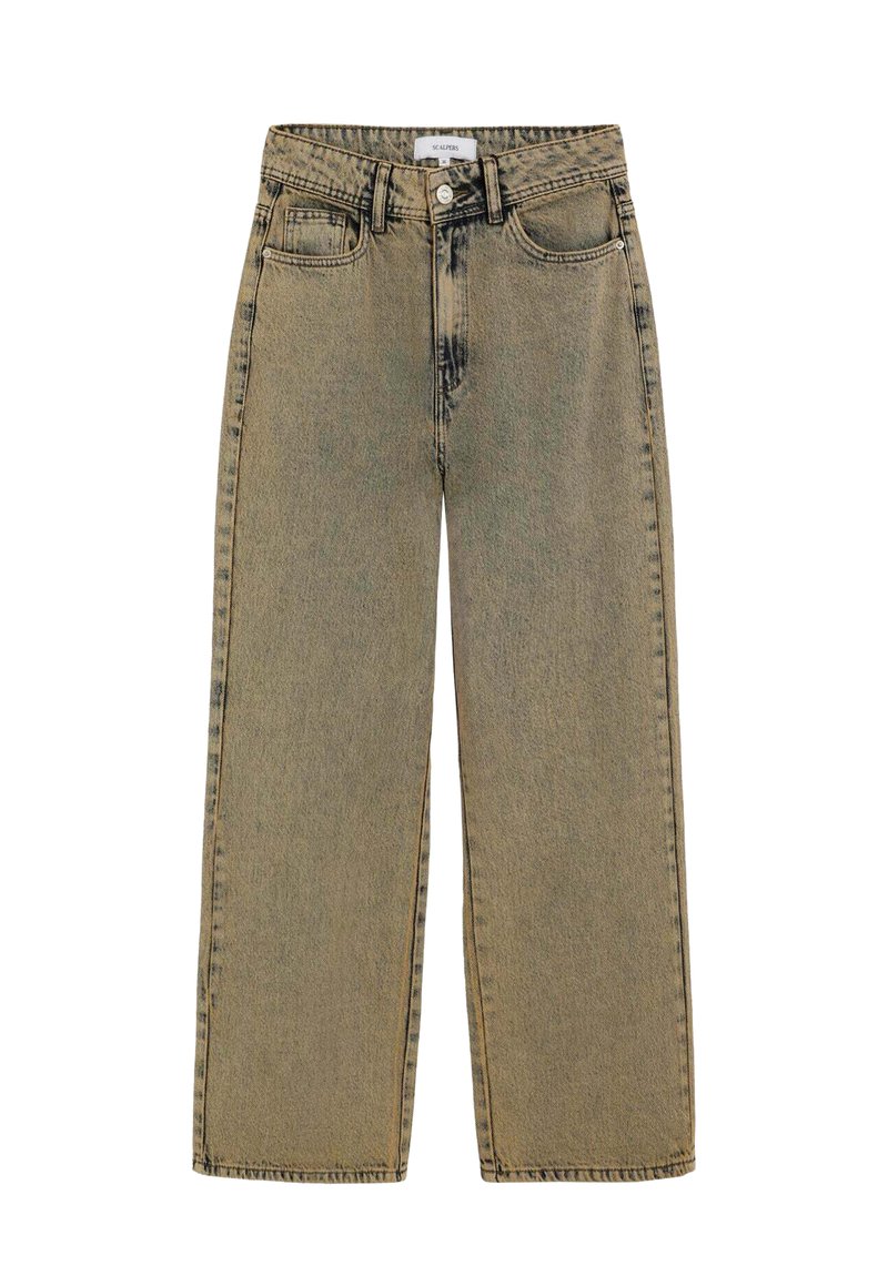Vaqueros de pierna ancha beige hechos de denim con un lavado desgastado, cierre de botones y diseño de cinco bolsillos con detalles de costura visibles.