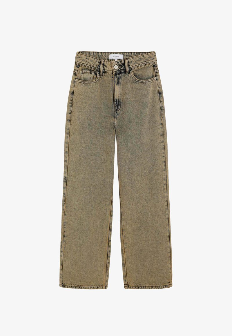 Vaqueros de pierna ancha beige hechos de denim con un lavado desgastado, cierre de botones y diseño de cinco bolsillos con detalles de costura visibles.