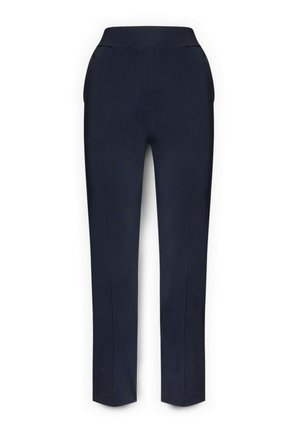 Pantalones azul marino con una cintura alta, que cuentan con dos bolsillos laterales, detalles de costuras verticales y un diseño de pierna estrecha.