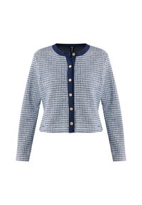 Blå- och vitmönstrad långärmad cardigan med rund halsringning och knäppning. Har texturerad tyg och kontrasterande marinblå kant.
