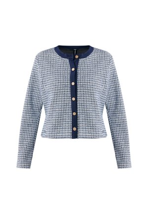 Cardigan à motifs bleu et blanc avec des manches longues, un col rond et une fermeture à boutons. Il présente un tissu texturé et une bordure contrastante en marine.