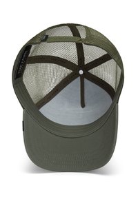 Cappello verde oliva con pannello frontale solido e retro in rete. Presenta un visiera arrotondata, chiusura a scatto regolabile e nastro interno con marchio.