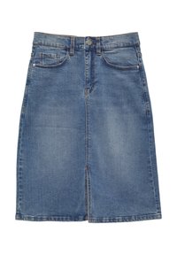 Jeansrock in Hellblau, knielang, mit einem Schlitz vorne, fünf Taschen und kontrastierenden Nähten. Glatte Textur. Klassisches Design.