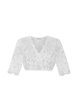 White lace cropped blouse with floral pattern, scalloped V-neckline, and three-quarter sleeves.