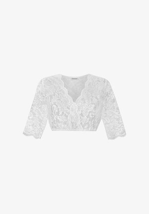 White lace cropped blouse with floral pattern, scalloped V-neckline, and three-quarter sleeves.