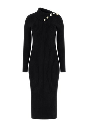 Zwarte geribbelde gebreide jurk met een hoge kraag, lange mouwen en versierde schouderaccenten. Getailleerde silhouet met een knielengte.