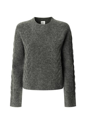 Maglione grigio lavorato a maglia con scollo rotondo, maniche lunghe e dettagli a treccia sulle maniche. Realizzato in un materiale morbido e testurizzato.