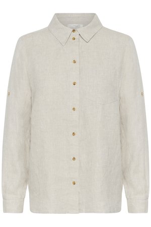 Šviesiai smėlio spalvos ilgomis rankovėmis lininiai marškiniai su smaigaliu apykakle, priekine sagų eilute, krūtinės kišene ir sagomis užsegamais rankovių užlenkimo dirželiais.