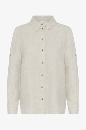 Šviesiai smėlio spalvos ilgomis rankovėmis lininiai marškiniai su smaigaliu apykakle, priekine sagų eilute, krūtinės kišene ir sagomis užsegamais rankovių užlenkimo dirželiais.